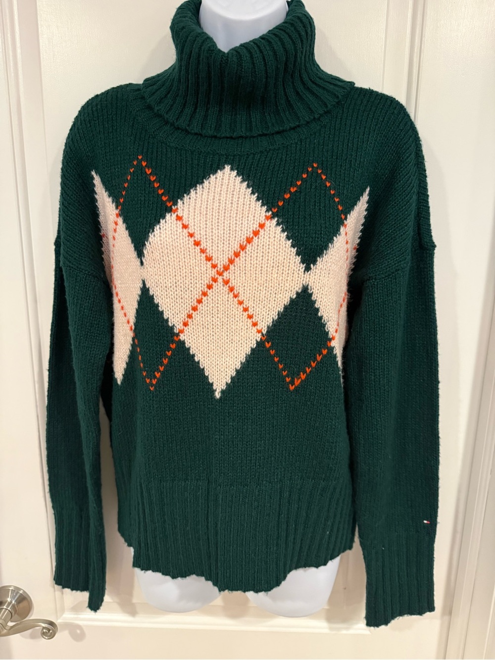 Tommy Hilfiger Dark Green Turtleneck Argyle Sweater with Cream & Orange Accents